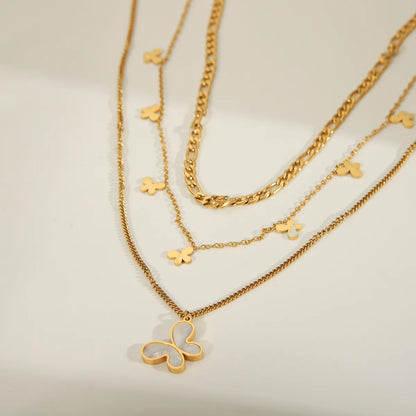 Wholesale Jewelry IG Style French Style Commute Heart Shape Flower Butterfly 304 Stainless Steel Acrylic 18K Gold Plated Inlay Layered Necklaces