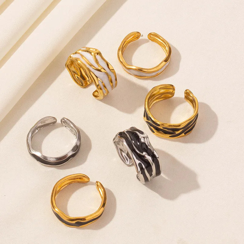 Wholesale Jewelry IG Style French Style Geometric 304 Stainless Steel 18K Gold Plated Polishing Enamel Open Rings