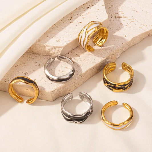 Wholesale Jewelry IG Style French Style Geometric 304 Stainless Steel 18K Gold Plated Polishing Enamel Open Rings