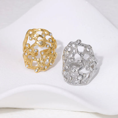 Wholesale Jewelry IG Style French Style Modern Style Irregular 304 Stainless Steel Artificial Rhinestones 18K Gold Plated Inlay Open Rings