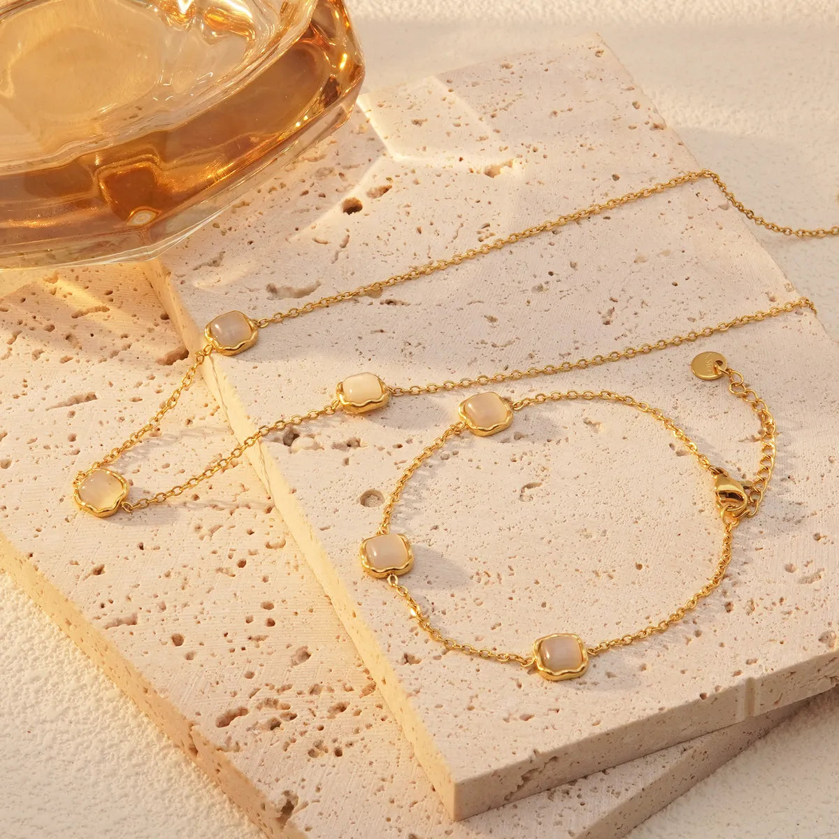 Wholesale Jewelry IG Style French Style Simple Style Ice Cube Quadrilateral 304 Stainless Steel Synthetic Resin 18K Gold Plated Plating Inlay Bracelets Necklace Jewelry Set