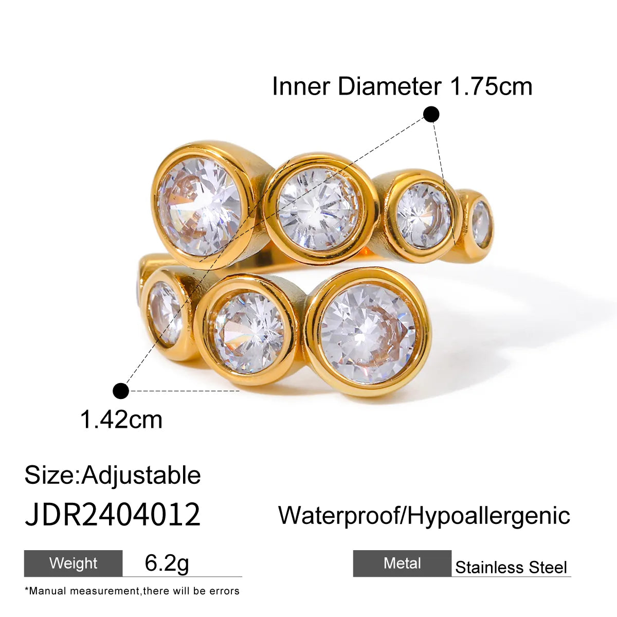 Wholesale Jewelry IG Style Geometric Water Droplets 316 Stainless Steel  Zircon 18K Gold Plated Inlay Open Rings