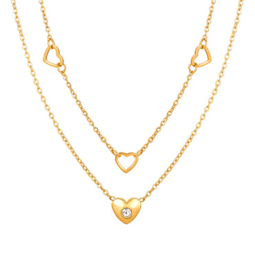 Wholesale Jewelry IG Style Heart Shape 304 Stainless Steel Zircon 18K Gold Plated Hollow Out Inlay Double Layer Necklaces