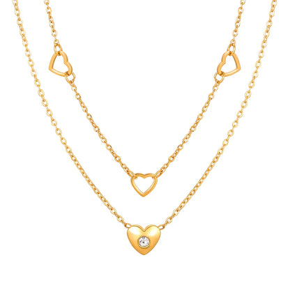 Wholesale Jewelry IG Style Heart Shape 304 Stainless Steel Zircon 18K Gold Plated Hollow Out Inlay Double Layer Necklaces