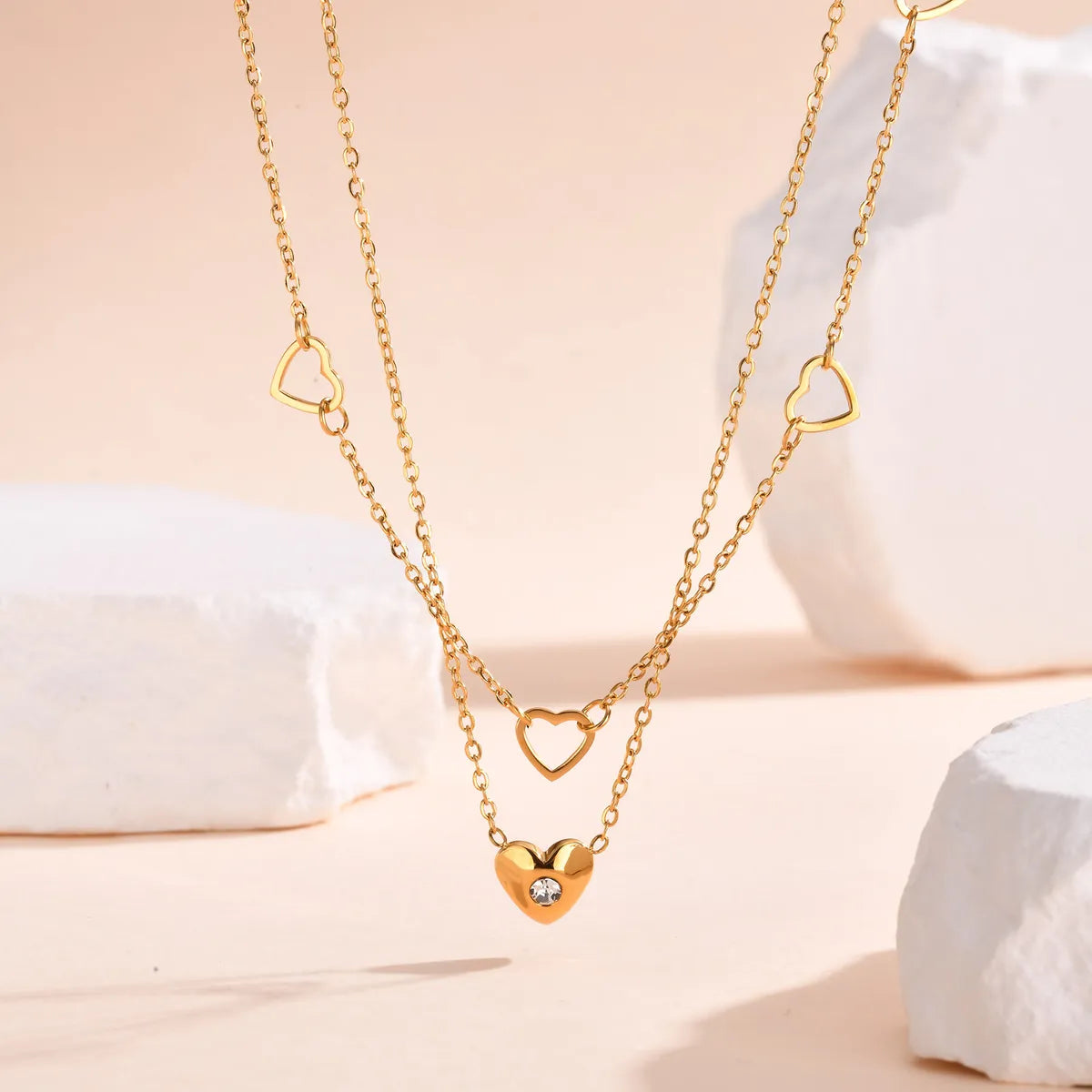 Wholesale Jewelry IG Style Heart Shape 304 Stainless Steel Zircon 18K Gold Plated Hollow Out Inlay Double Layer Necklaces