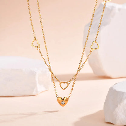 Wholesale Jewelry IG Style Heart Shape 304 Stainless Steel Zircon 18K Gold Plated Hollow Out Inlay Double Layer Necklaces