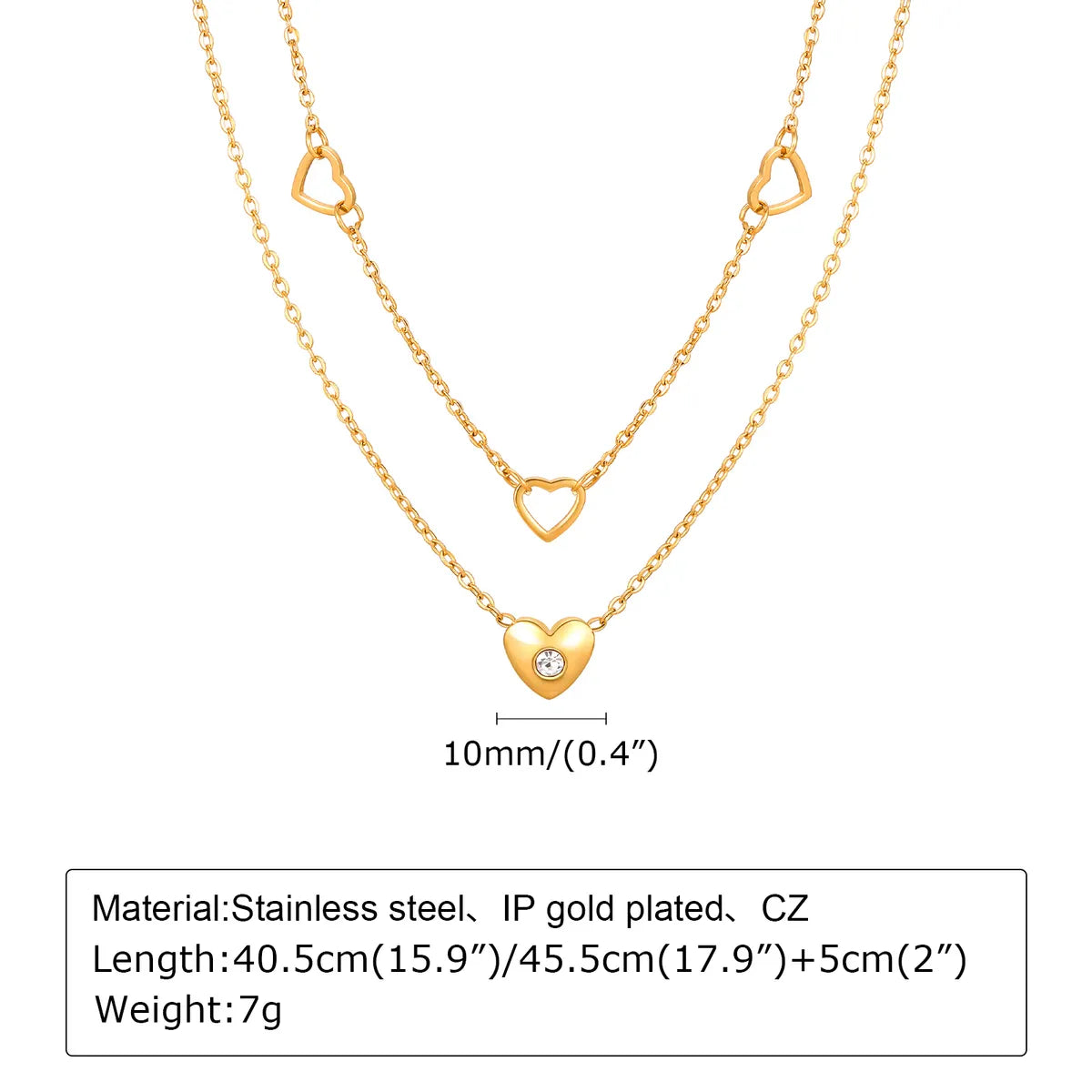 Wholesale Jewelry IG Style Heart Shape 304 Stainless Steel Zircon 18K Gold Plated Hollow Out Inlay Double Layer Necklaces