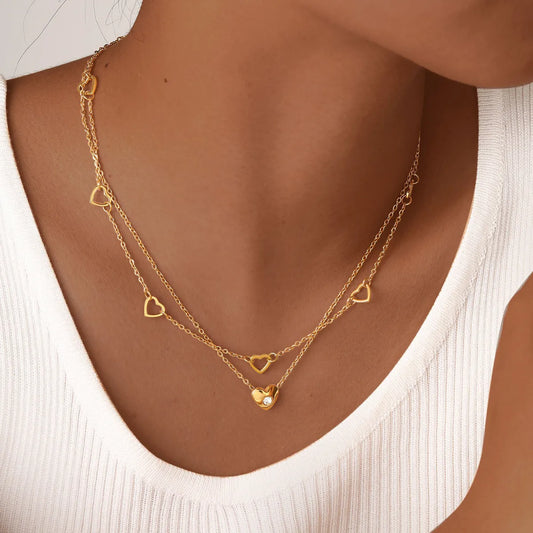 Wholesale Jewelry IG Style Heart Shape 304 Stainless Steel Zircon 18K Gold Plated Hollow Out Inlay Double Layer Necklaces