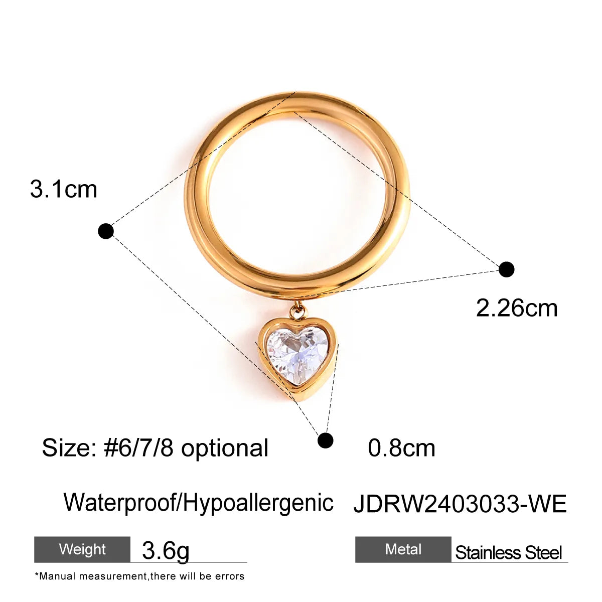 Wholesale Jewelry IG Style Heart Shape 304 Stainless Steel Zircon 18K Gold Plated Inlay Charm Rings