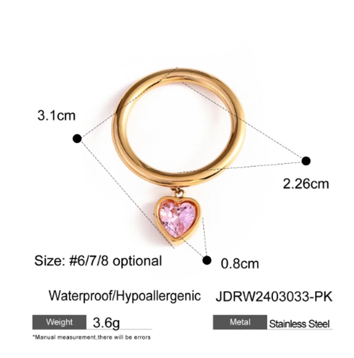 Wholesale Jewelry IG Style Heart Shape 304 Stainless Steel Zircon 18K Gold Plated Inlay Charm Rings