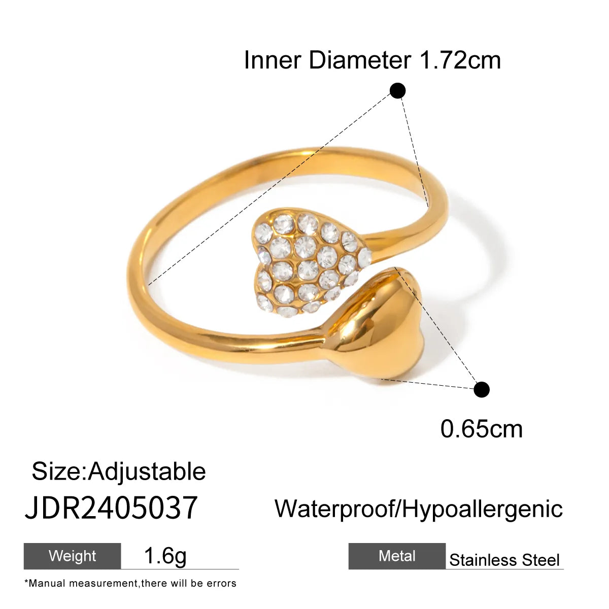 Wholesale Jewelry IG Style Heart Shape 316 Stainless Steel  Rhinestones 18K Gold Plated Inlay Open Rings