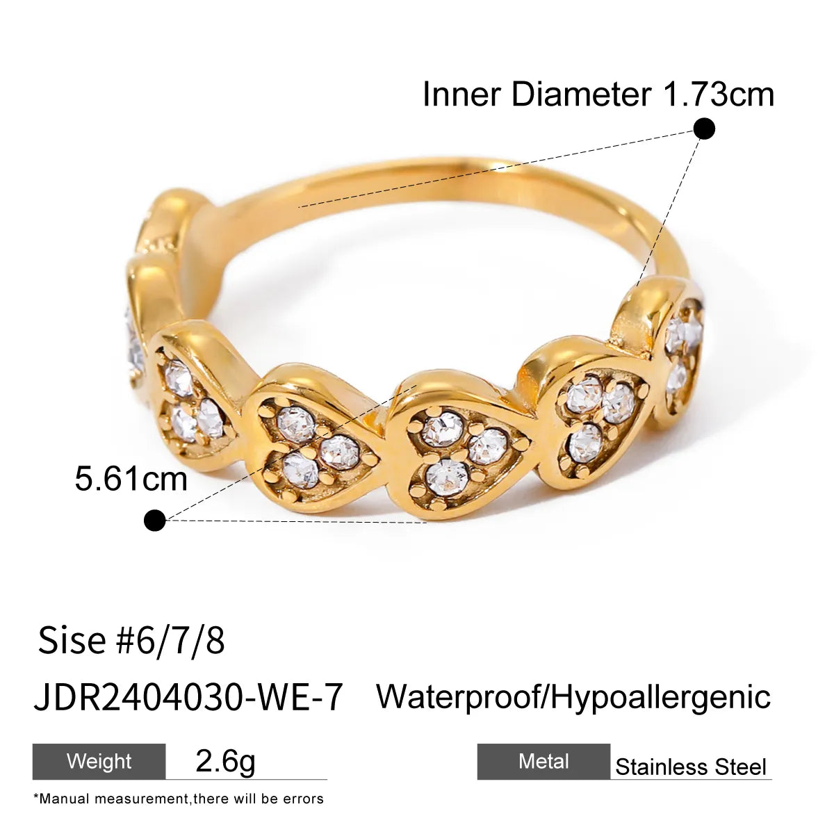 Wholesale Jewelry IG Style Heart Shape 316 Stainless Steel  Rhinestones 18K Gold Plated Inlay Rings