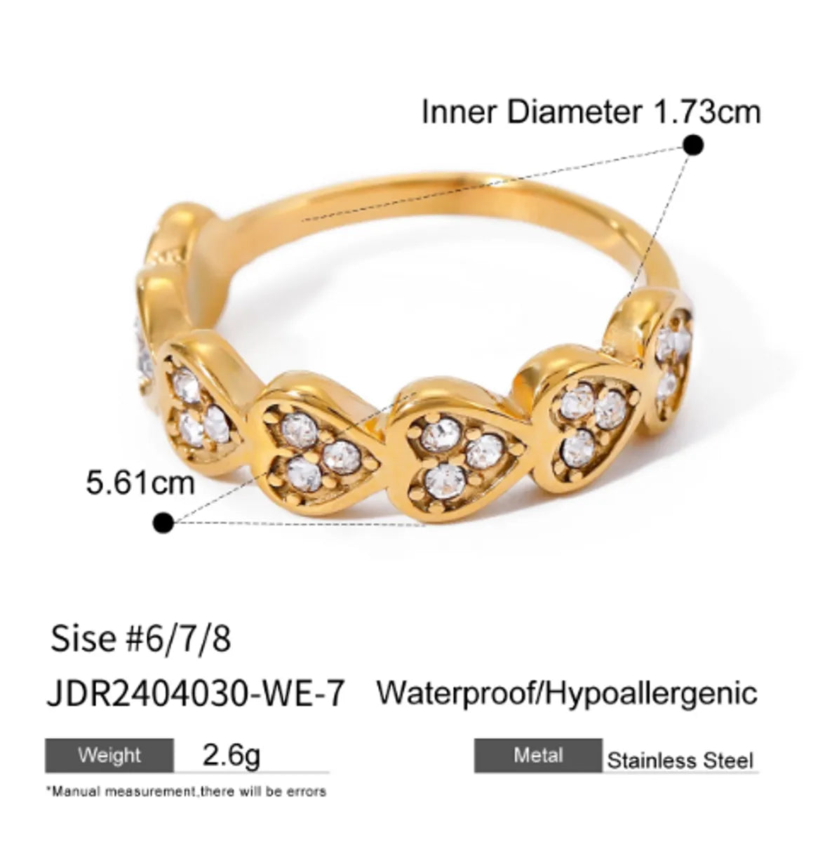 Wholesale Jewelry IG Style Heart Shape 316 Stainless Steel  Rhinestones 18K Gold Plated Inlay Rings