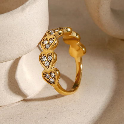 Wholesale Jewelry IG Style Heart Shape 316 Stainless Steel  Rhinestones 18K Gold Plated Inlay Rings