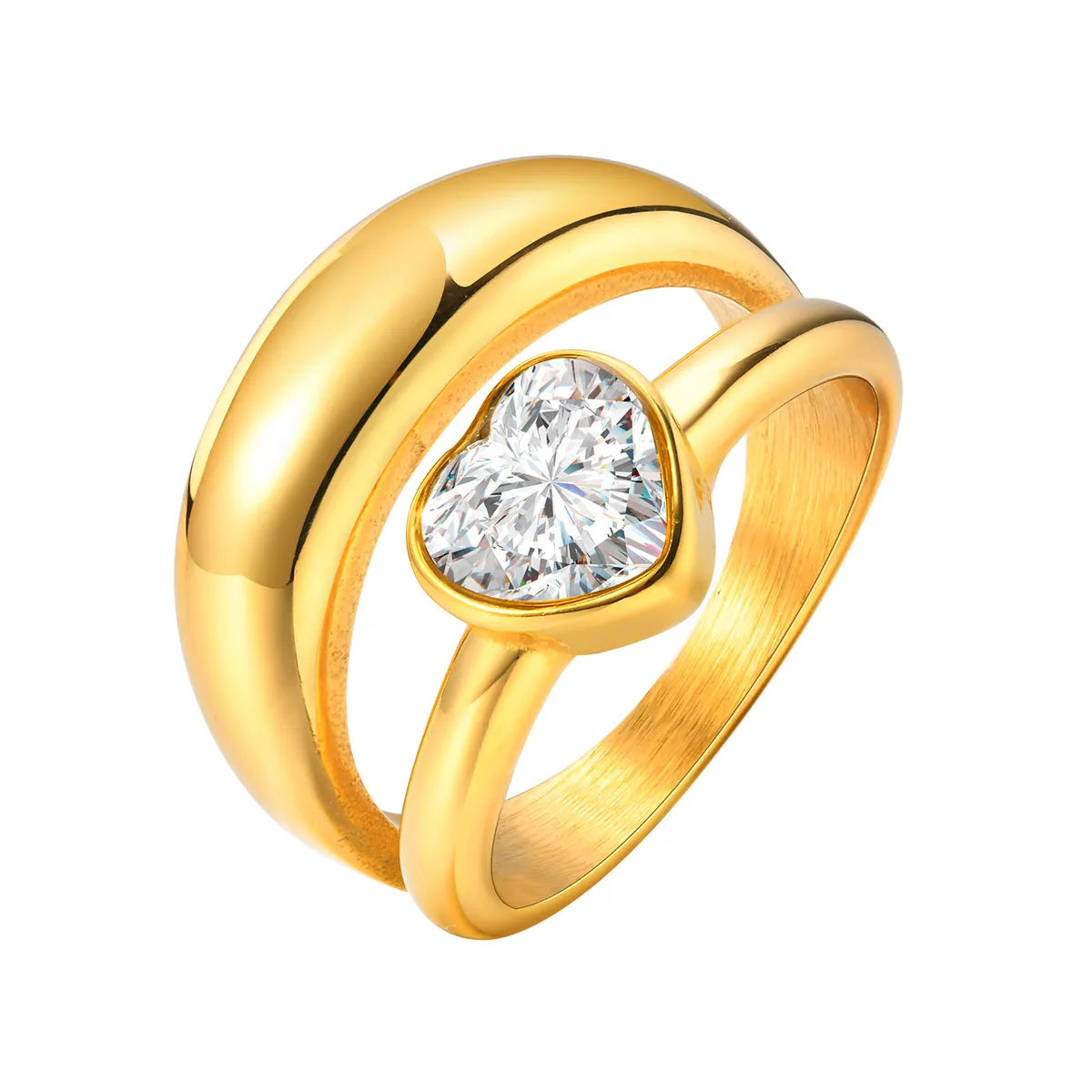 Wholesale Jewelry IG Style Heart Shape Solid Color 304 Stainless Steel Zircon 18K Gold Plated Inlay Rings