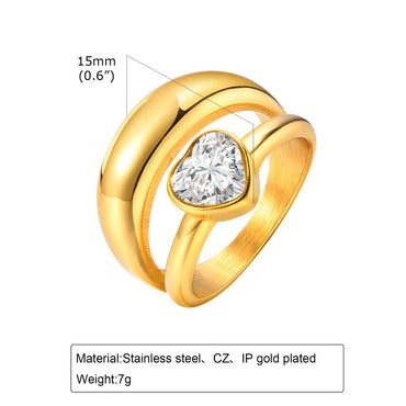 Wholesale Jewelry IG Style Heart Shape Solid Color 304 Stainless Steel Zircon 18K Gold Plated Inlay Rings