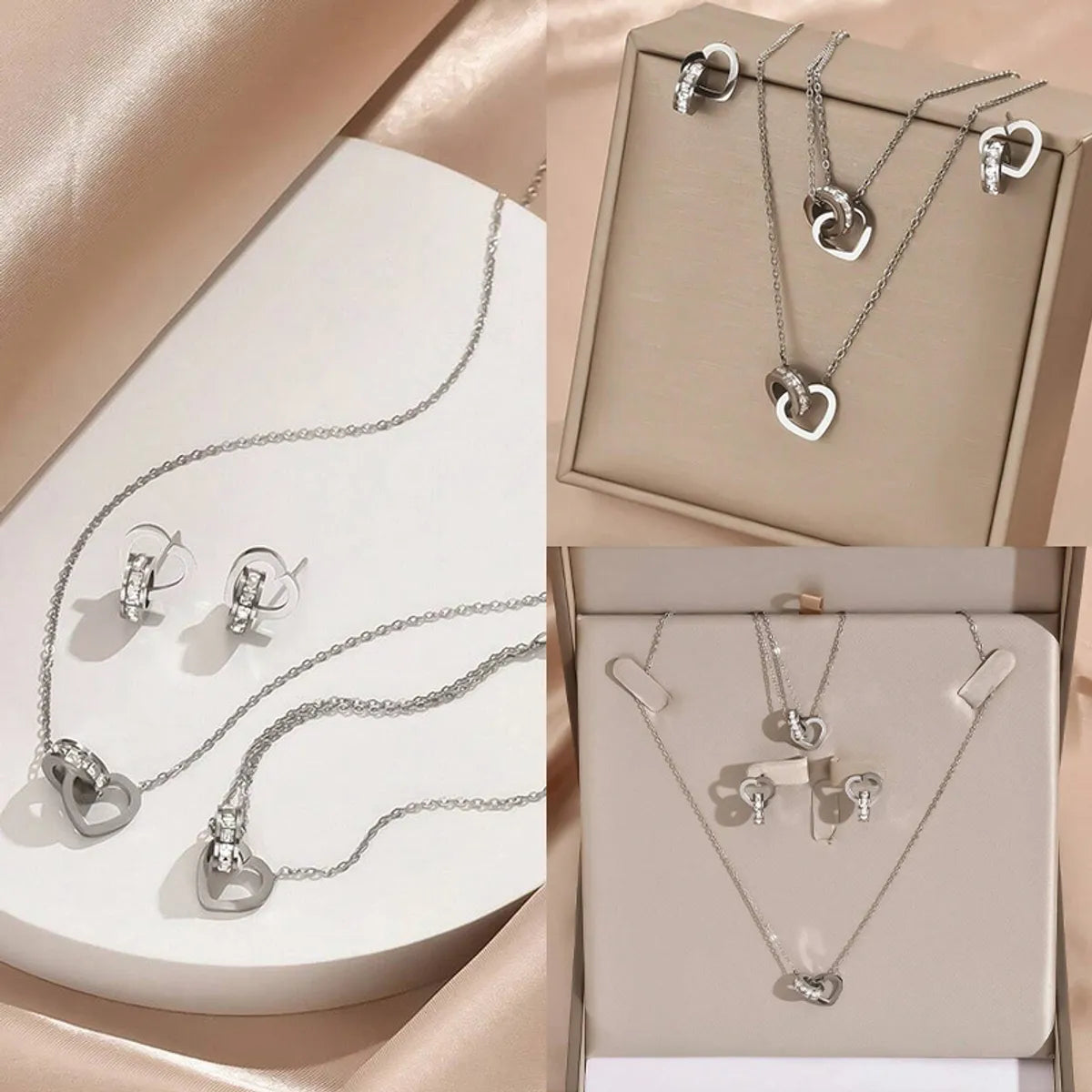 Wholesale Jewelry IG Style Heart Shape Titanium Steel Zircon Inlay Jewelry Set