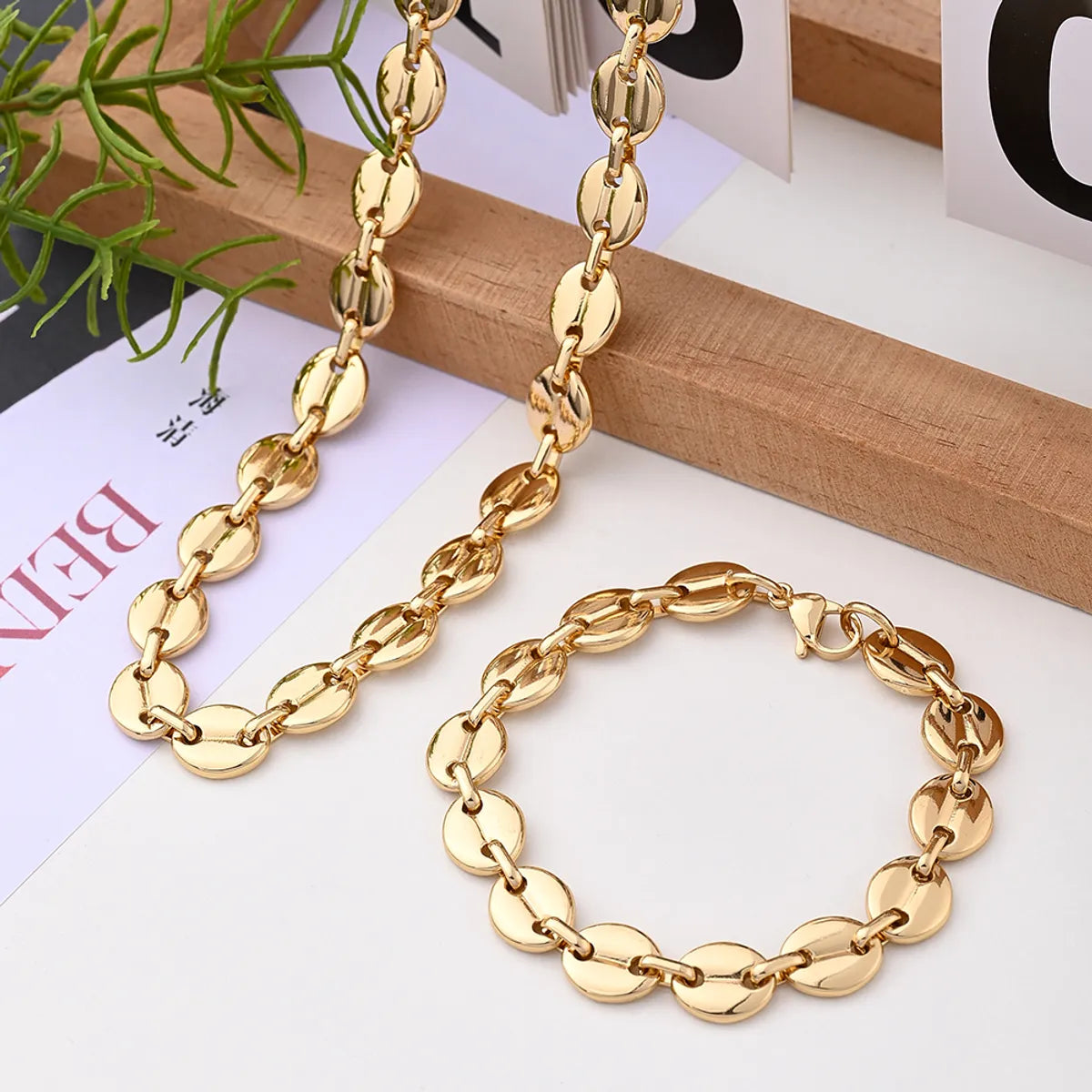 Wholesale Jewelry IG Style Hip-Hop Streetwear Coffee Beans Simple Solid Color 304 Stainless Steel 18K Gold Plated Handmade Polishing Plating Bracelets Necklace Jewelry Set