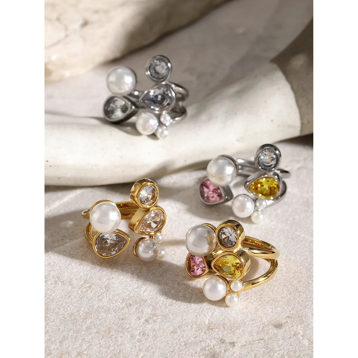 Wholesale Jewelry IG Style Irregular Geometric 316 Stainless Steel  Pearl Zircon 18K Gold Plated Inlay Rings