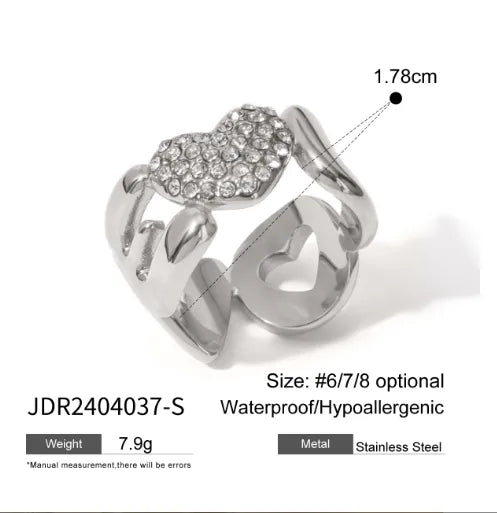 Wholesale Jewelry IG Style Love Heart Shape 316 Stainless Steel  Rhinestones Plating Inlay Rings