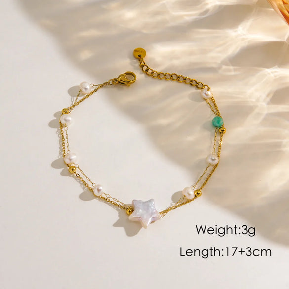 IG Style Luxurious Tropical Pentagram Heart Shape 14K Gold Plated 304 Stainless Steel Freshwater Pearl Shell Wholesale Bracelets
