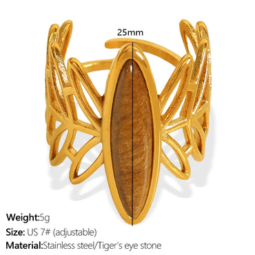 Wholesale Jewelry IG Style Novelty Tropical Oval 304 Stainless Steel Tiger Eye Shell 18K Gold Plated Polishing Inlay Open Rings