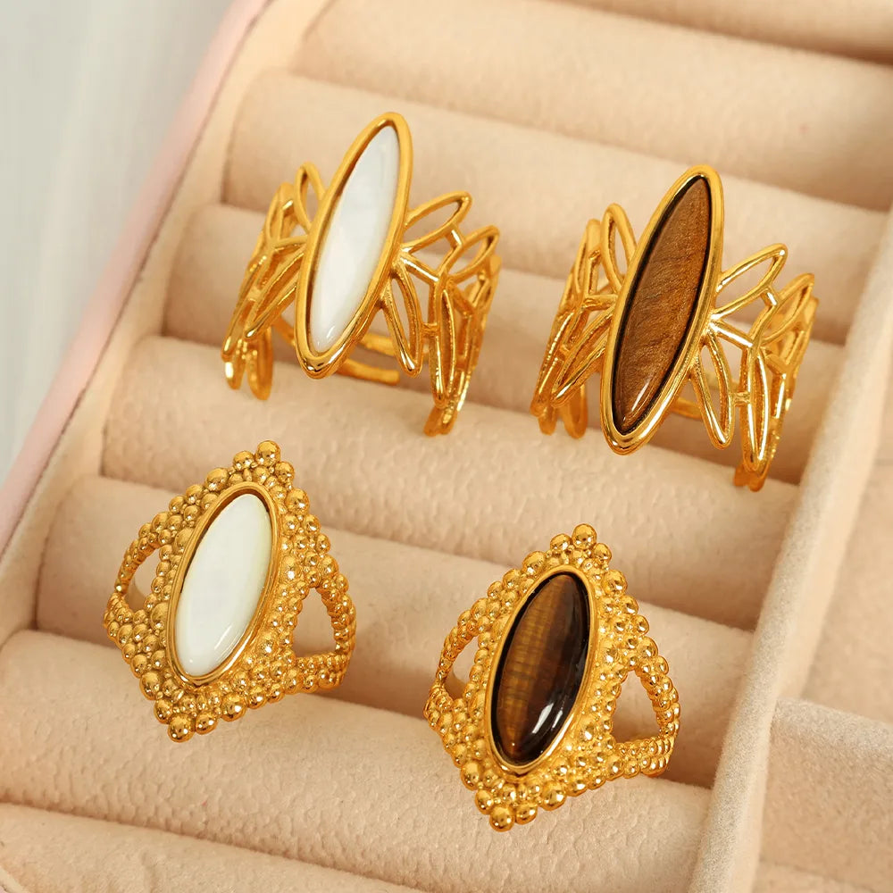 Wholesale Jewelry IG Style Novelty Tropical Oval 304 Stainless Steel Tiger Eye Shell 18K Gold Plated Polishing Inlay Open Rings