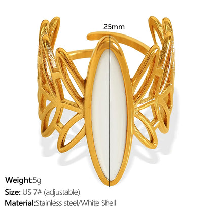 Wholesale Jewelry IG Style Novelty Tropical Oval 304 Stainless Steel Tiger Eye Shell 18K Gold Plated Polishing Inlay Open Rings