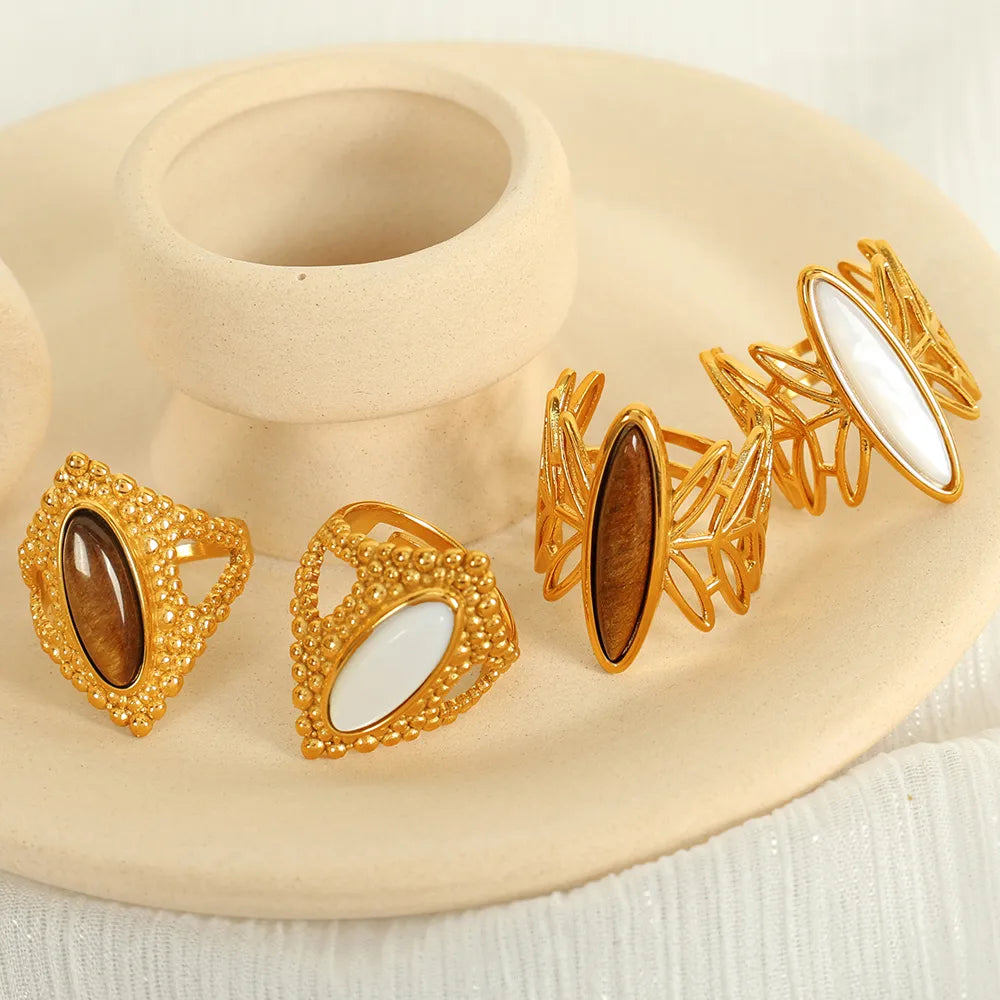 Wholesale Jewelry IG Style Novelty Tropical Oval 304 Stainless Steel Tiger Eye Shell 18K Gold Plated Polishing Inlay Open Rings