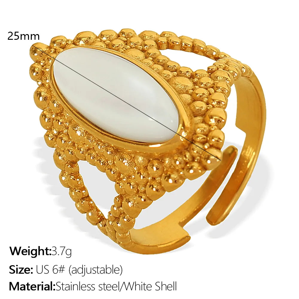 Wholesale Jewelry IG Style Novelty Tropical Oval 304 Stainless Steel Tiger Eye Shell 18K Gold Plated Polishing Inlay Open Rings