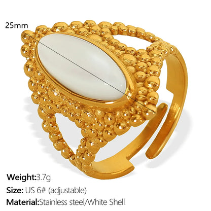 Wholesale Jewelry IG Style Novelty Tropical Oval 304 Stainless Steel Tiger Eye Shell 18K Gold Plated Polishing Inlay Open Rings