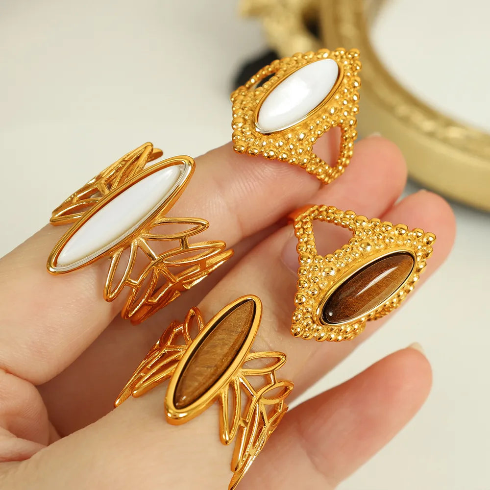 Wholesale Jewelry IG Style Novelty Tropical Oval 304 Stainless Steel Tiger Eye Shell 18K Gold Plated Polishing Inlay Open Rings