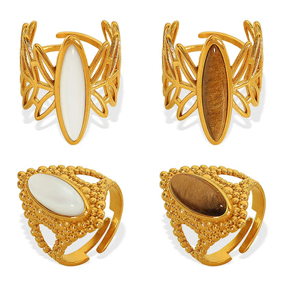 Wholesale Jewelry IG Style Novelty Tropical Oval 304 Stainless Steel Tiger Eye Shell 18K Gold Plated Polishing Inlay Open Rings