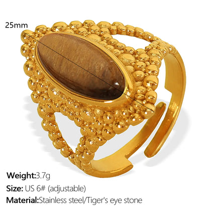 Wholesale Jewelry IG Style Novelty Tropical Oval 304 Stainless Steel Tiger Eye Shell 18K Gold Plated Polishing Inlay Open Rings