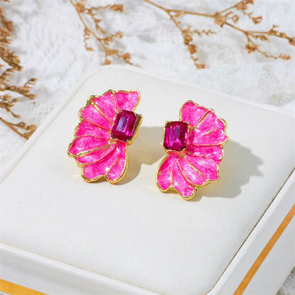 Wholesale Jewelry Ig Style Romantic Flower Alloy Rhinestones Enamel Lacquer Painting Inlay Ear Studs