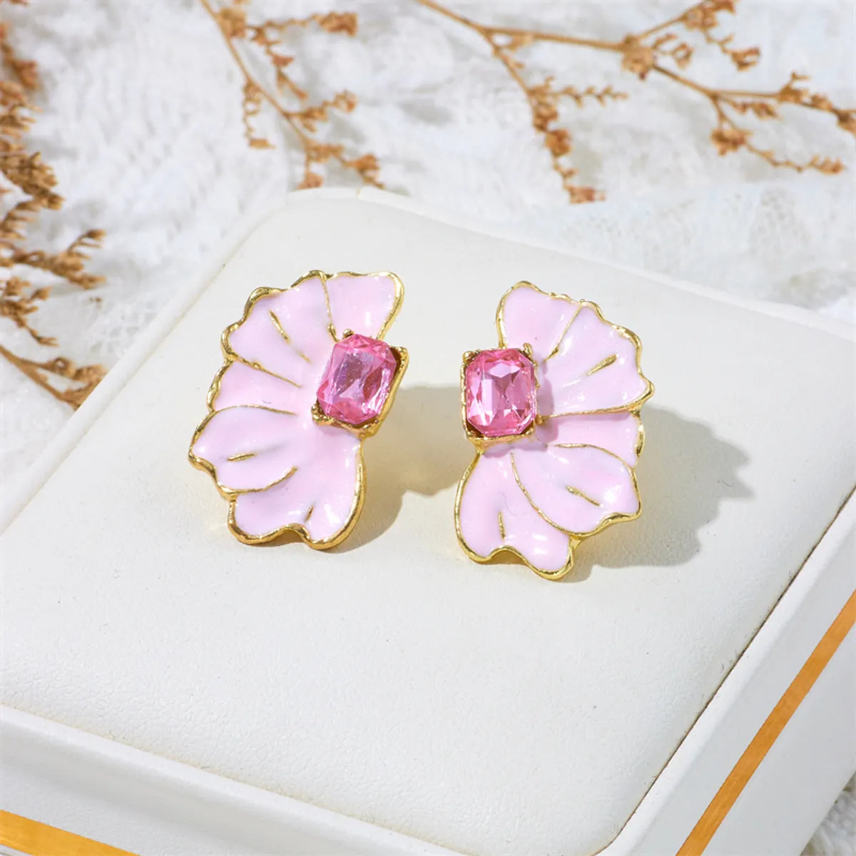 Wholesale Jewelry Ig Style Romantic Flower Alloy Rhinestones Enamel Lacquer Painting Inlay Ear Studs