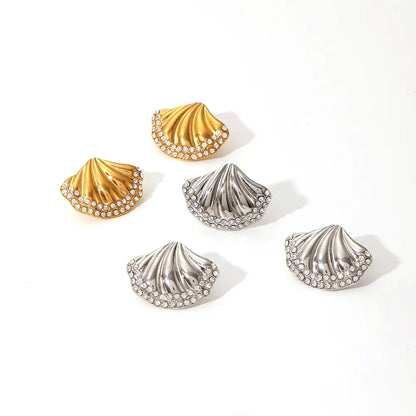 Wholesale Jewelry IG Style Scallop 304 Stainless Steel Zircon 18K Gold Plated Polishing Plating Inlay Rings Earrings