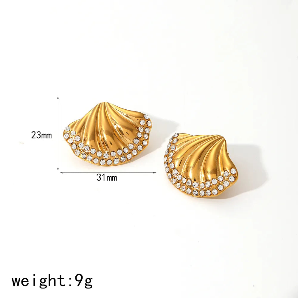 Wholesale Jewelry IG Style Scallop 304 Stainless Steel Zircon 18K Gold Plated Polishing Plating Inlay Rings Earrings