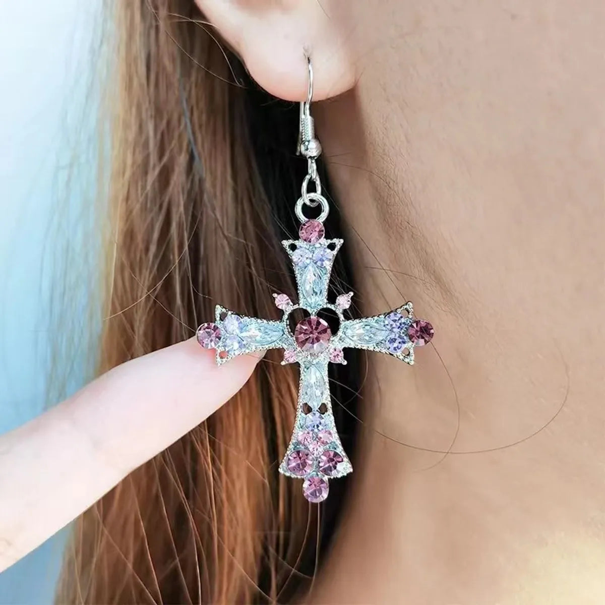 1 Pair Ig Style Shiny Cross Inlay Alloy Rhinestones Drop Earrings