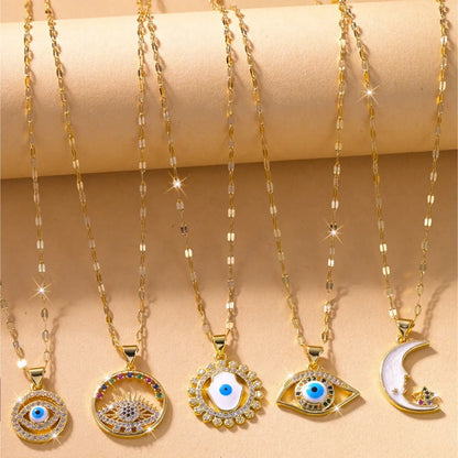 Wholesale Jewelry IG Style Shiny Eye Titanium Steel Zircon Hollow Out Inlay Pendant Necklace