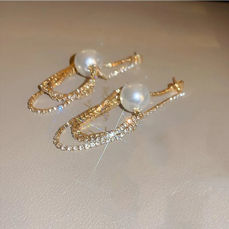 Wholesale Jewelry Ig Style Shiny Tassel Imitation Pearl Alloy Rhinestones Inlay Drop Earrings