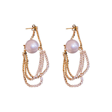 Wholesale Jewelry Ig Style Shiny Tassel Imitation Pearl Alloy Rhinestones Inlay Drop Earrings