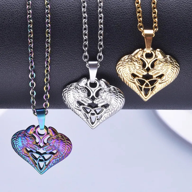 Wholesale Jewelry IG Style Simple Style Heart Shape Wolf 304 Stainless Steel 18K Gold Plated Hollow Out Pendant Necklace Necklace Pendant