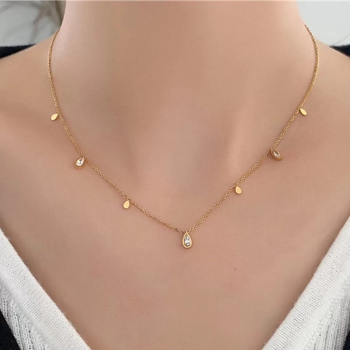 Wholesale Jewelry IG Style Simple Style Triangle Water Droplets Rectangle Titanium Steel Zircon Plating Inlay Necklace