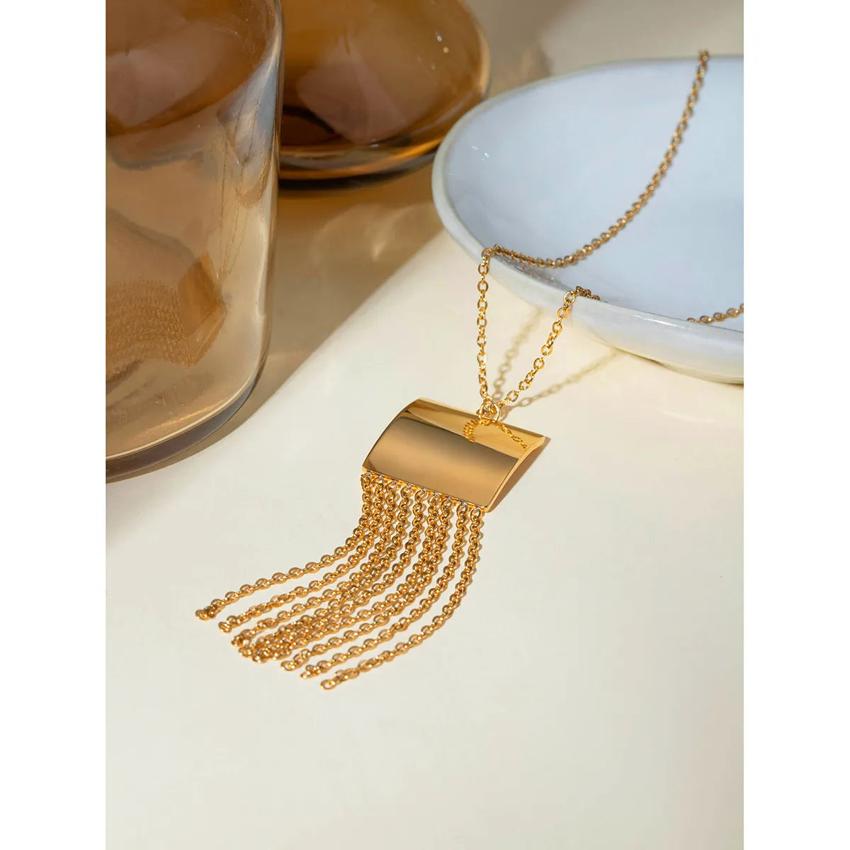 Wholesale Jewelry IG Style Square Tassel 304 Stainless Steel 18K Gold Plated Pendant Necklace