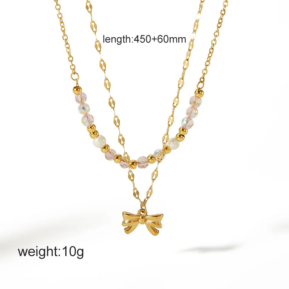 Wholesale Jewelry IG Style Sweet Bow Knot 304 Stainless Steel 18K Gold Plated Plating Double Layer Necklaces