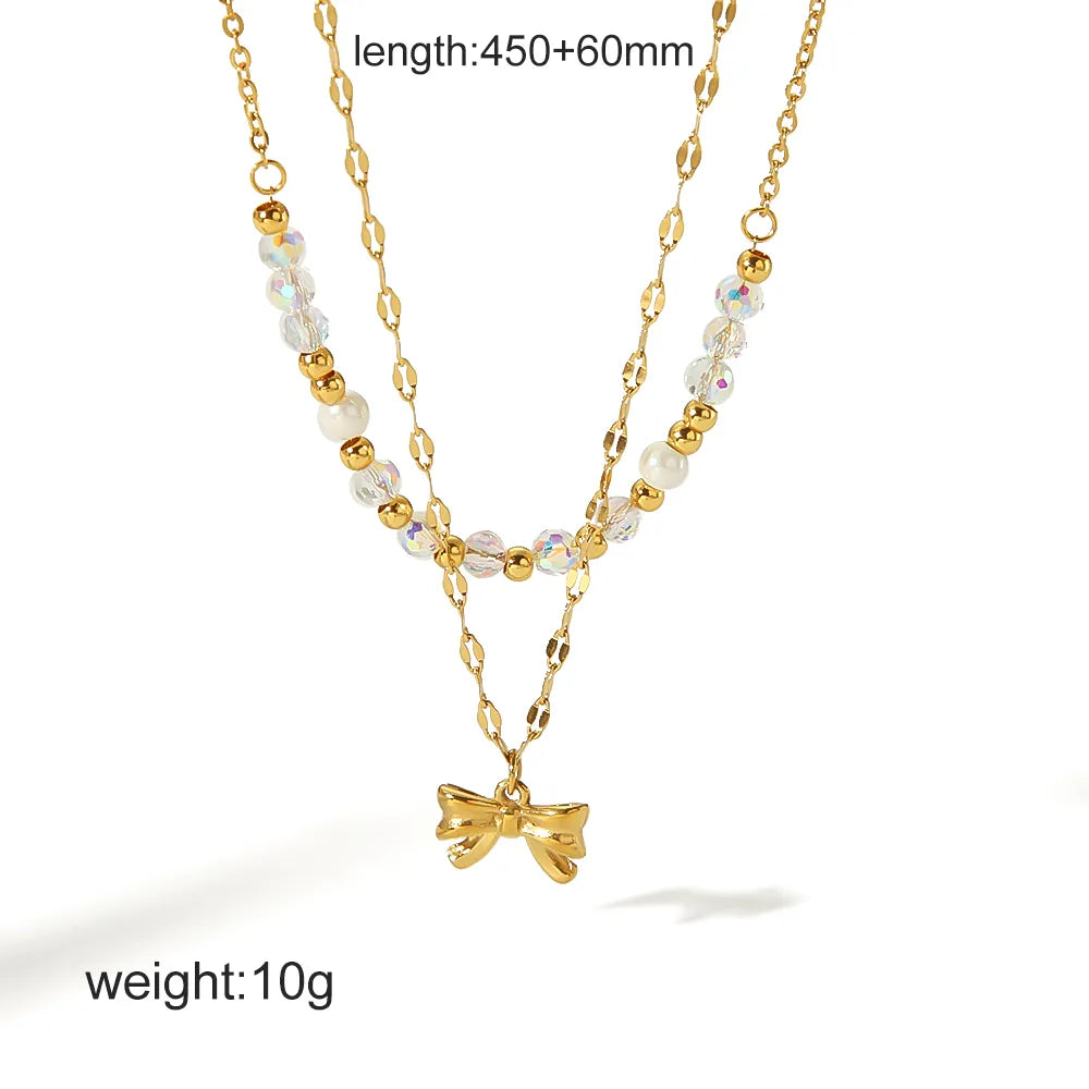 Wholesale Jewelry IG Style Sweet Bow Knot 304 Stainless Steel 18K Gold Plated Plating Double Layer Necklaces