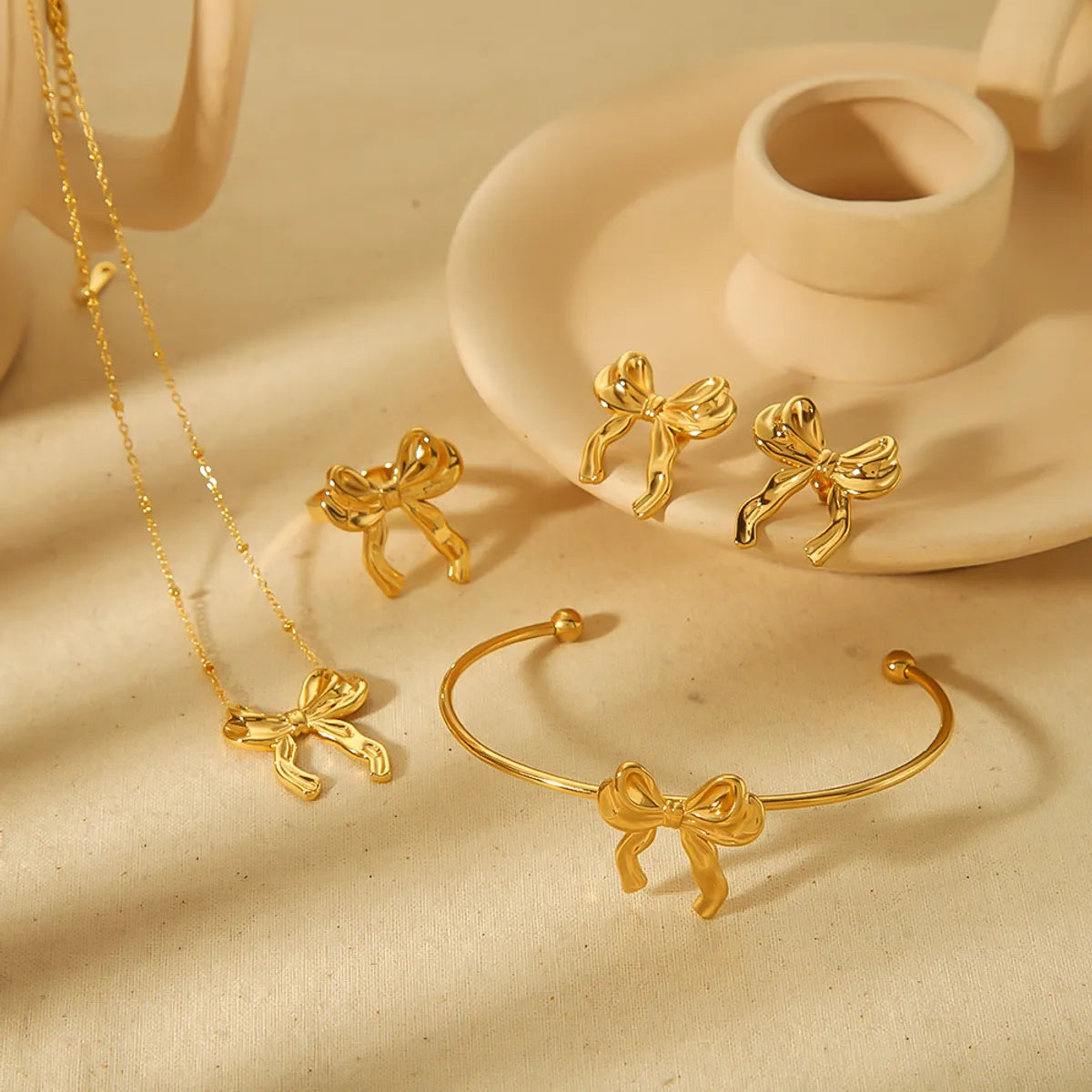 Wholesale Jewelry IG Style Sweet Bow Knot 304 Stainless Steel 18K Gold Plated Polishing Rings Earrings Necklace