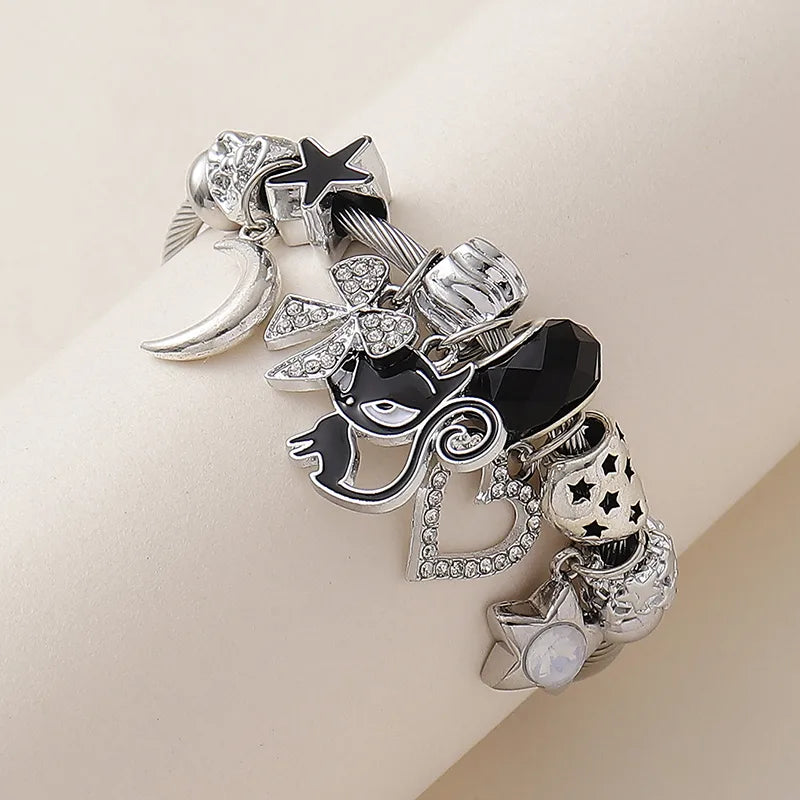 Wholesale Jewelry IG Style Sweet Cool Style Heart Shape Cat Bow Knot Alloy Copper Rhinestones Enamel Hollow Out Inlay Bracelets