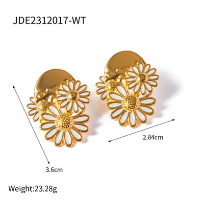 Wholesale Jewelry IG Style Sweet Daisy 304 Stainless Steel 18K Gold Plated Enamel Rings Earrings Necklace